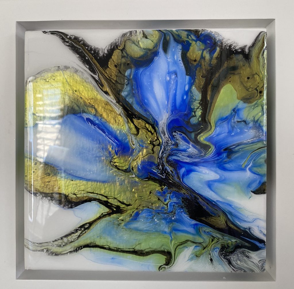 acrylic bloom abstract painting with black, gold, royal blue and green colours