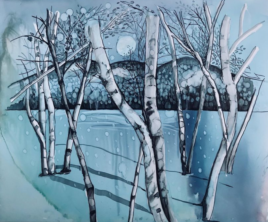 alcohol ink painting of a winter scene with birch trees in the foreground and hills and moon in the distant background.