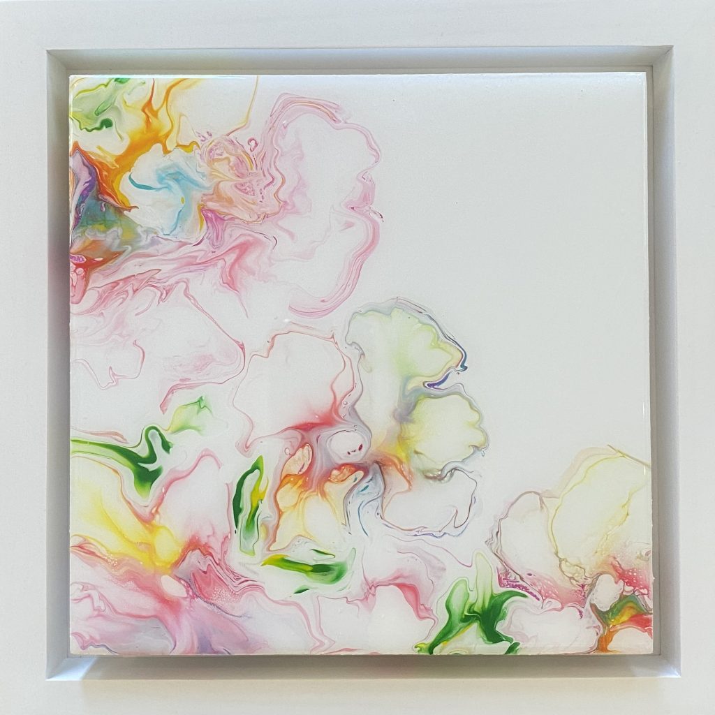 dutch pour painting of flower blooms in pink, yellow, green, mint and orange swirls