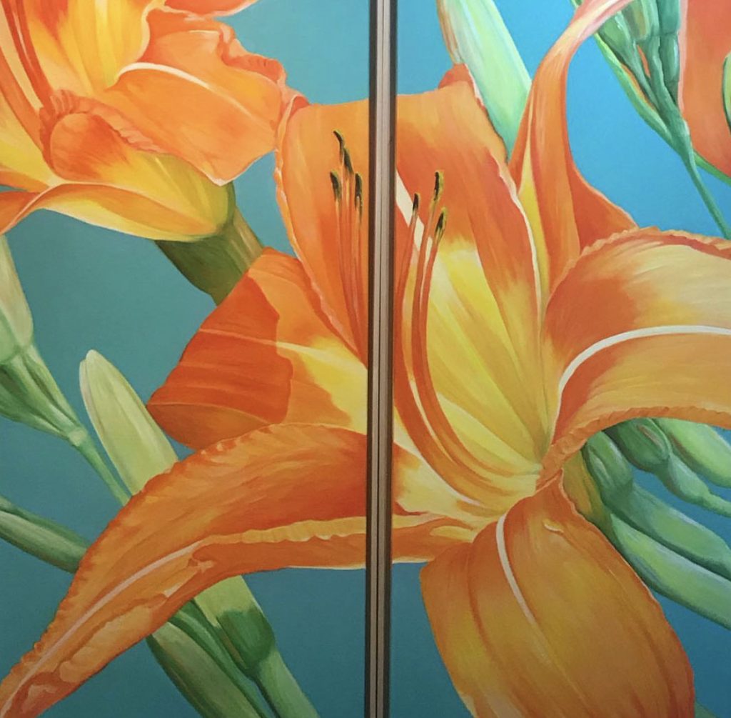 orange cottage lilies on a teal background